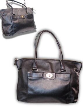 Kate Spade New York Black Leather Tote Bag Turnlock Pocket Stripe Lining